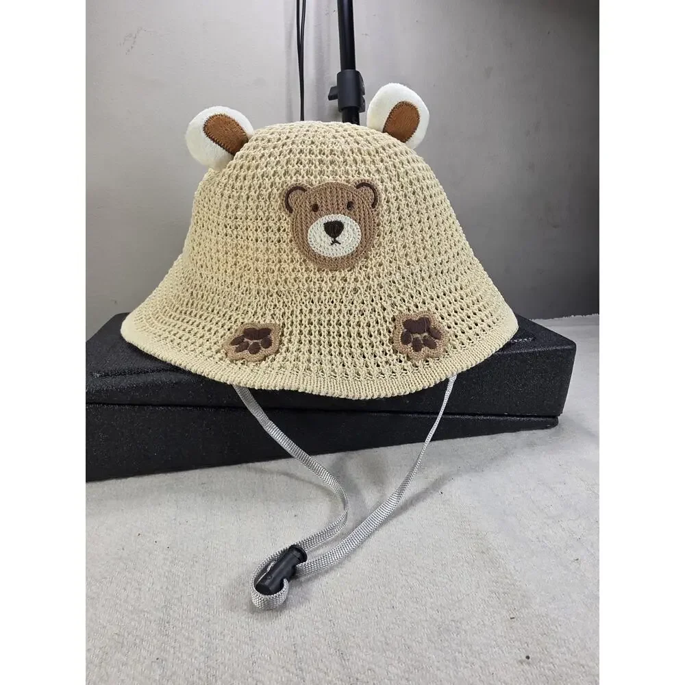 Baby Toddler Bear Bucket Hat Crochet Sun Hat with Ears Paw Beige Adjustable